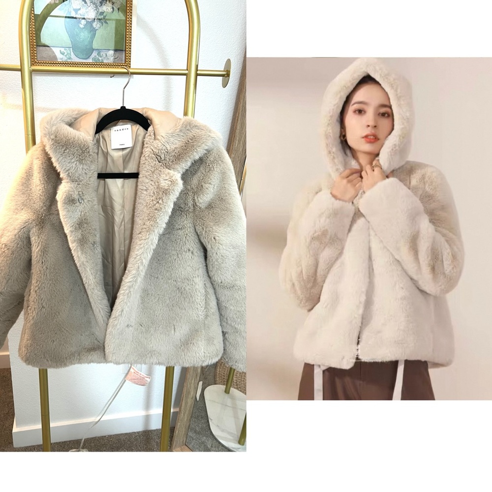 Like new Sandro Faux Fur Hooded Jacket - Cream